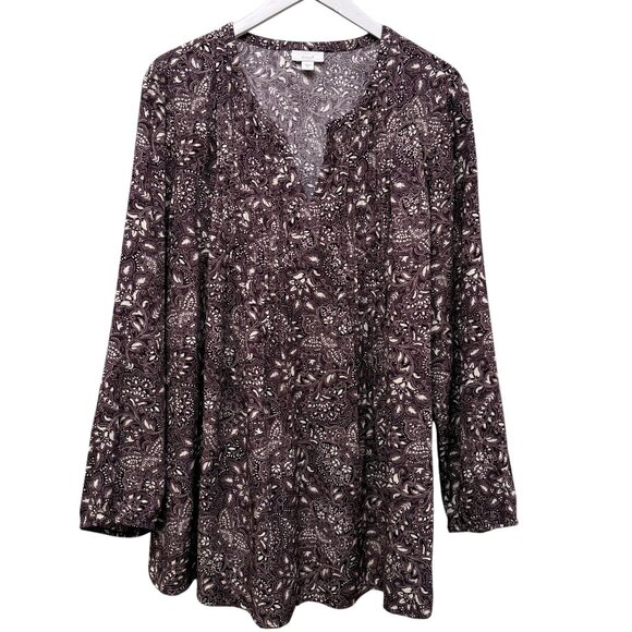 J.JILL Tunic Top Plus Size 2X Womens Blouse Burgundy Plum FloralRayon Long Sleev - Picture 1 of 8